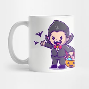 Cute Dracula Holding Pumpkin Basket With Candy And Bats Mug